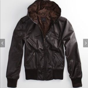 Nollie Hooded Faux Leather Bomber, Brown, lrg